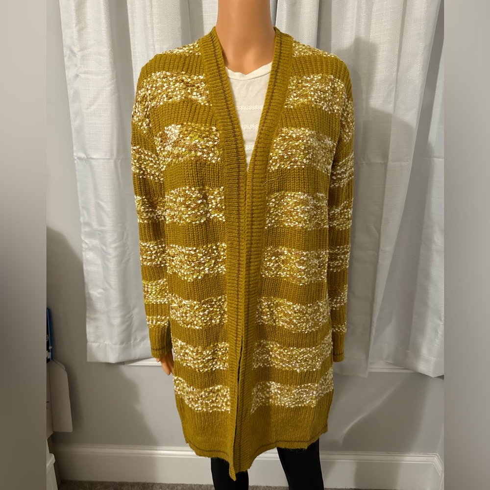Pretty Mystree size S mustard cream open front midi cardigan sweater women new
